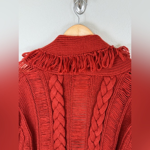4SI3NNA Red/Orange Fringed Chunky Cable Knit Cardigan Sweater Medium - Picture 10 of 11